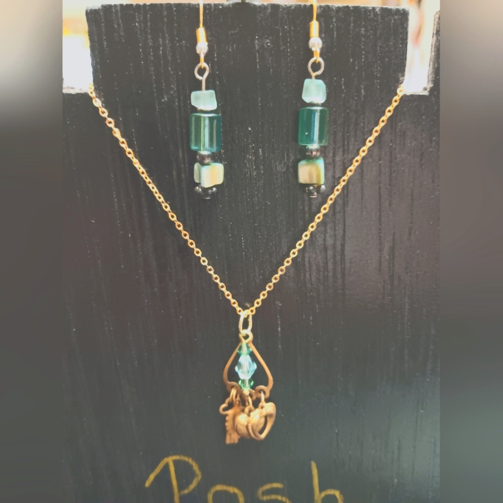 Gold Charm Necklace with Green Accents